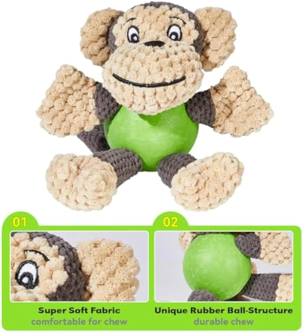 Cartoon monkey plush dog toy with four legs and two ears for small medium dogs
