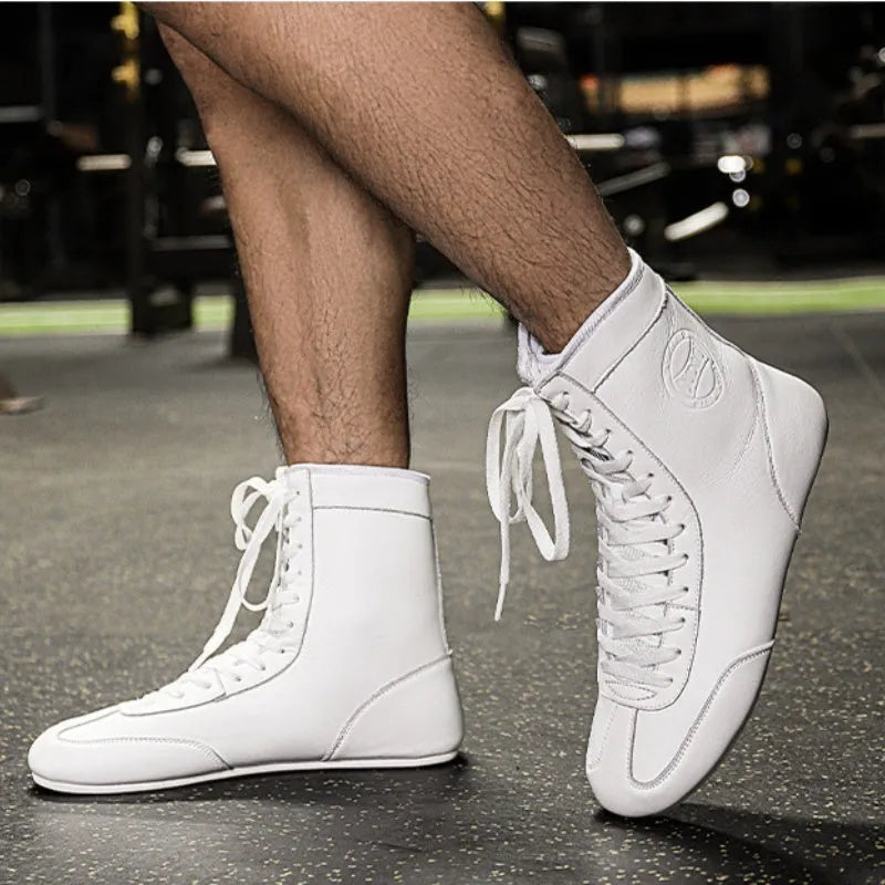 Professional boxing wrestling shoes in black gold mesh and white leather for indoor training