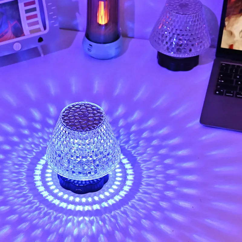 Crystal table lamp with touch sensor base showing three colour temperature options on tabletop