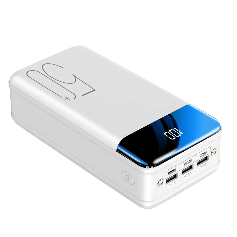 Black and white large capacity 50000mAh power bank with multiple USB ports.