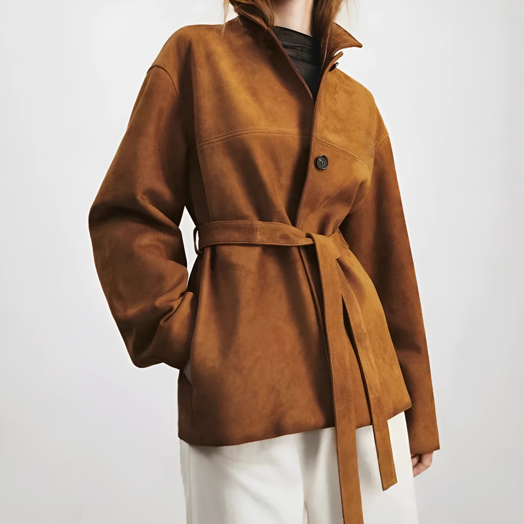 Yellow brown retro cashmere coat with a Peter Pan collar and a matching belt.