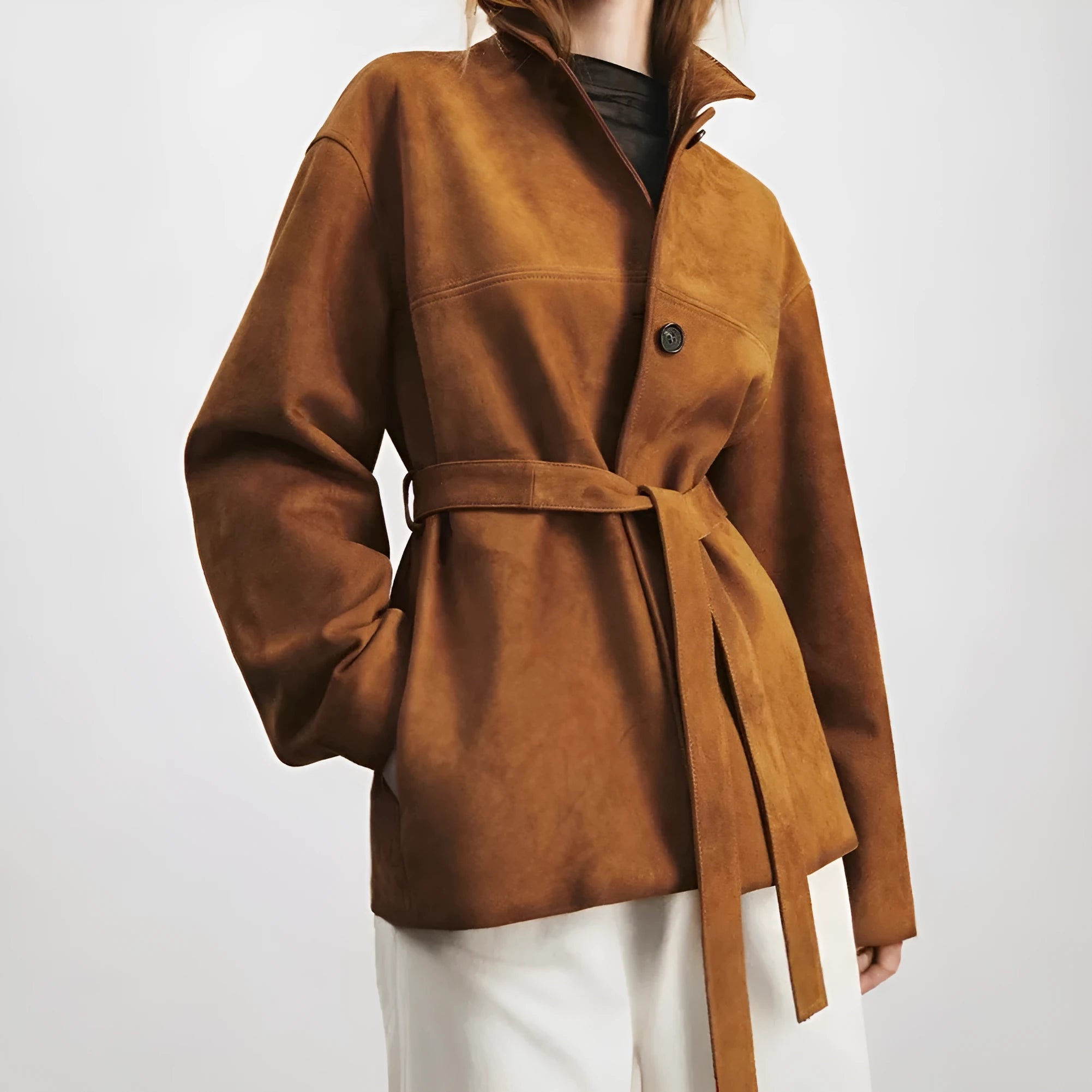 Retro loose-fit caramel mocha cashmere coat with leather trim and a Peter Pan collar