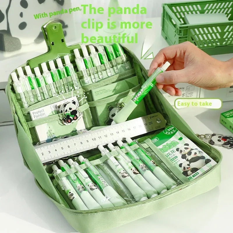 Green canvas pencil case with 12 layer compartments showing Korean style design
