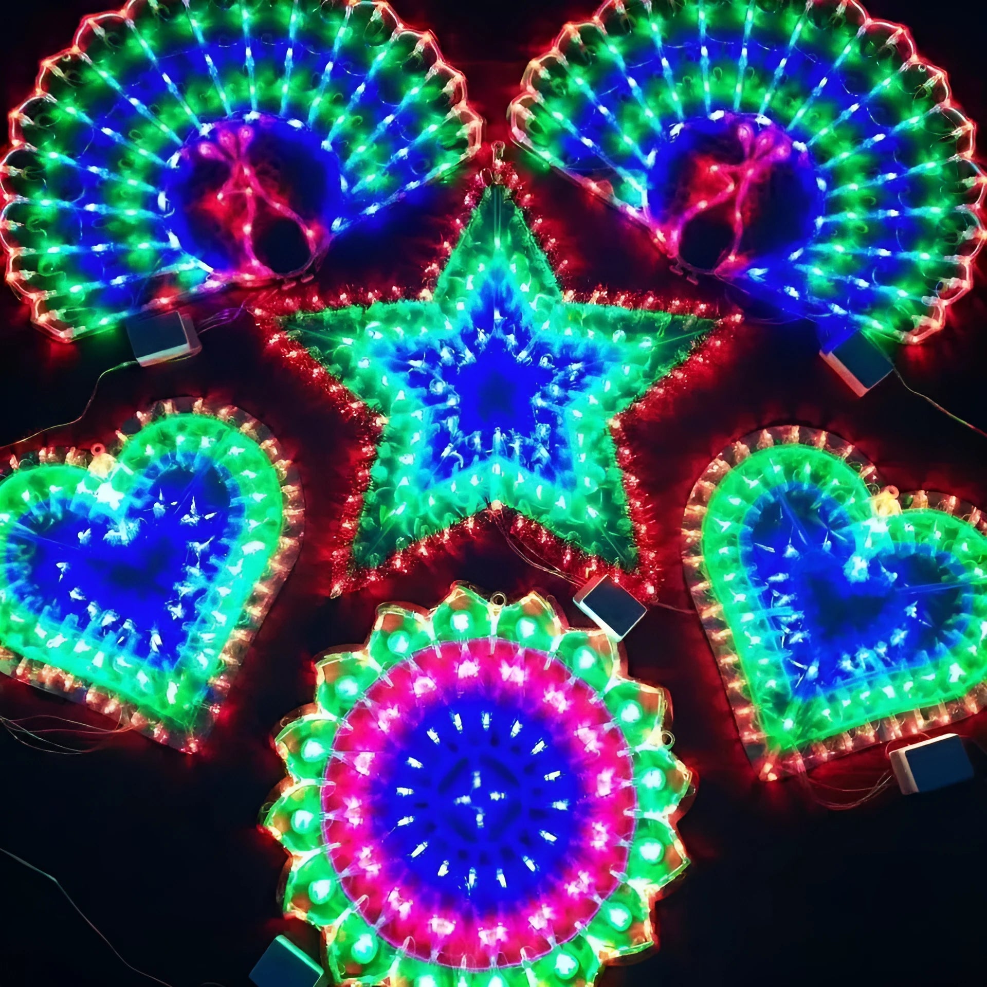 Outdoor decorative string lights with peacock, heart, sunflower and star shapes for Christmas festivals