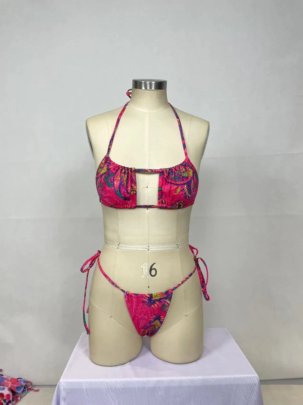 Pink women's nylon bikini two-piece swimsuit set with multiple style options for swimming