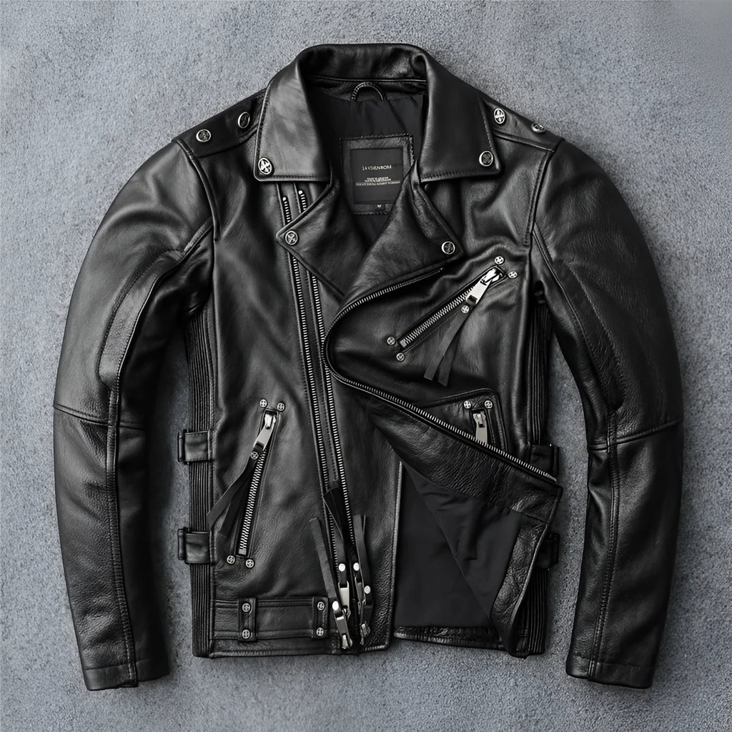 Men's slim fit black first layer cowhide biker's leather jacket with straight hem