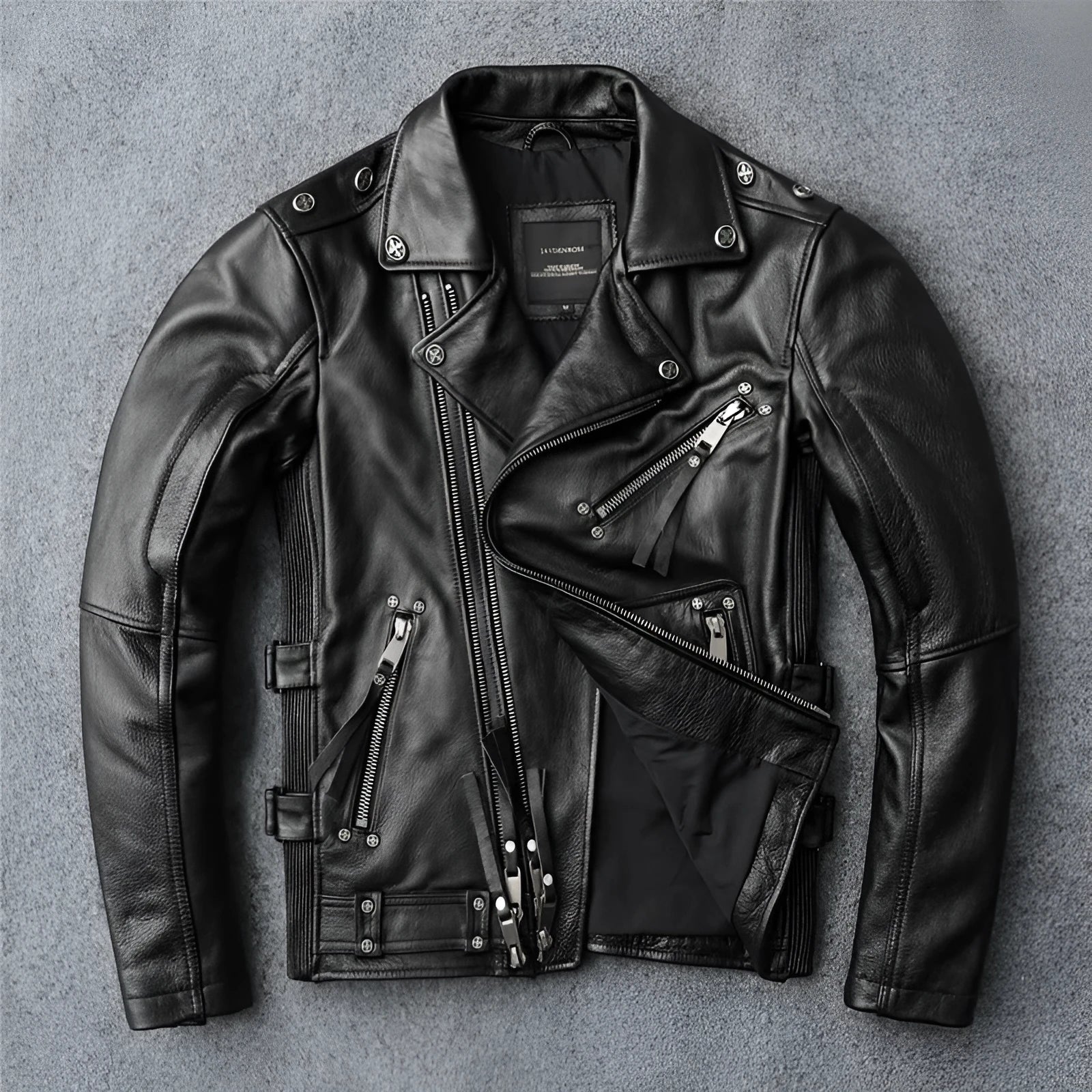 Men's slim fit black first layer cowhide biker's leather jacket with straight hem