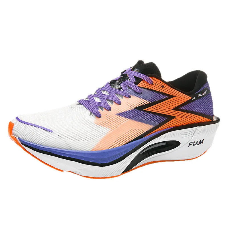 Marathon carbon plate racing shoes in orange colour with fabric upper and platform heel design for running