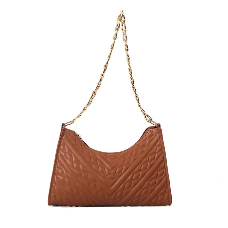 Brown pleated PU baguette shoulder bag showing its vertical square shape and chain strap.