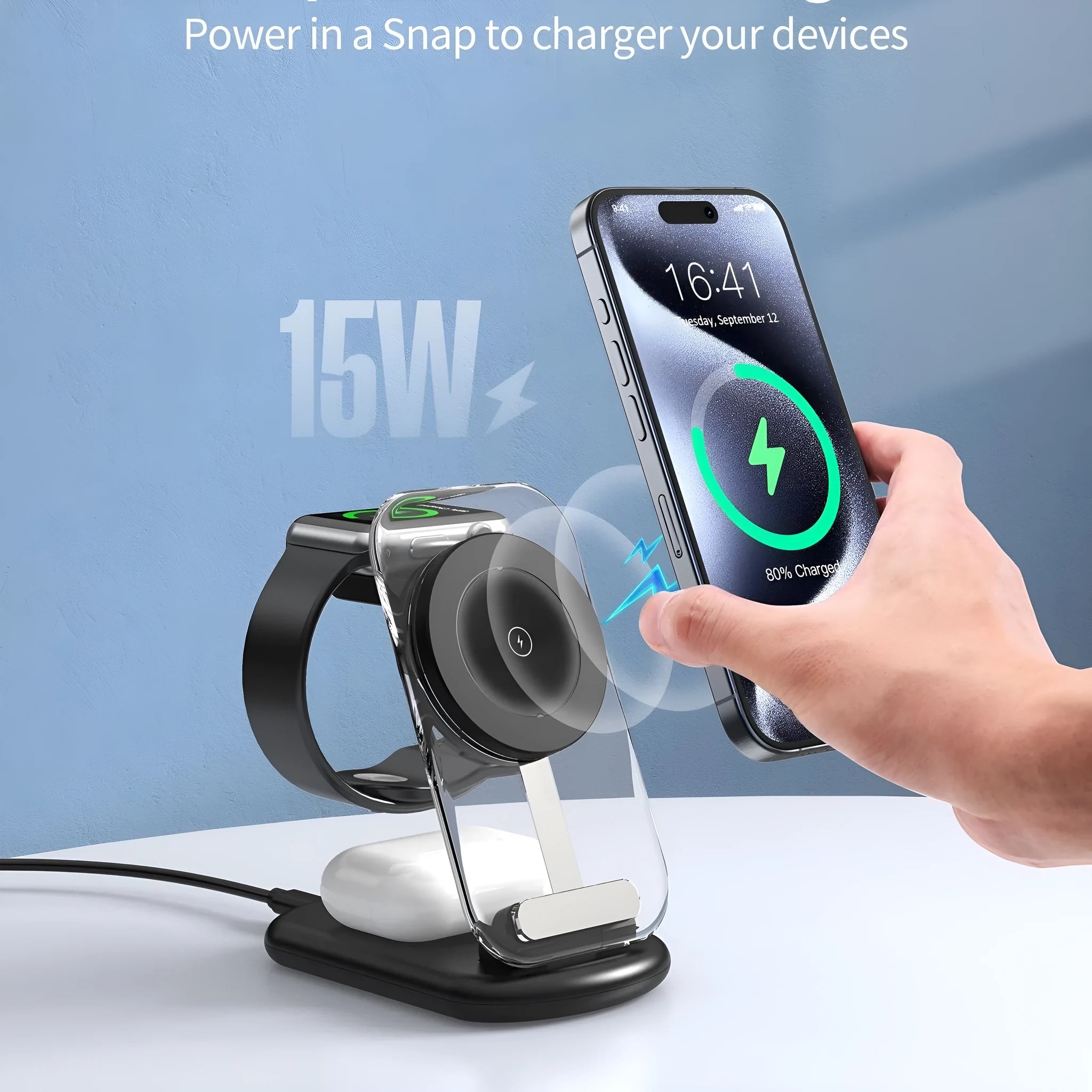 Transparent folding magnetic wireless fast charger in black on a table.
