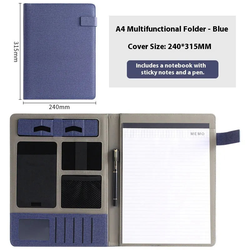 Black leather A4 multifunction folder for documents with optional pen and notepad.