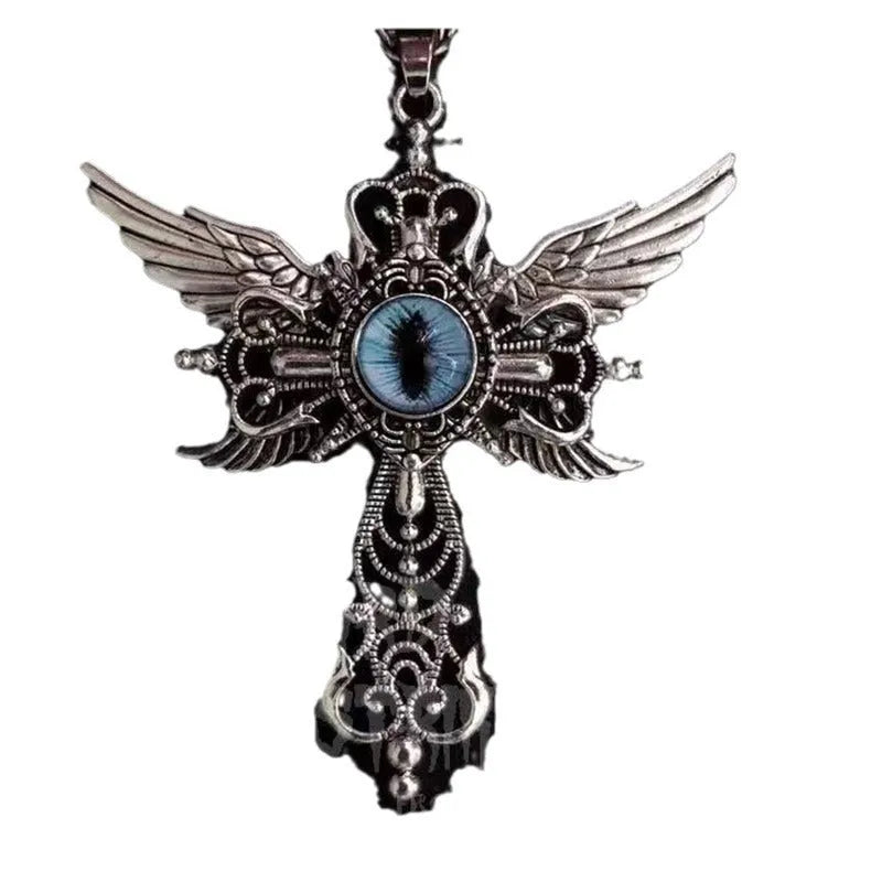 Close-up of a colourful alloy necklace featuring a geometric pendant with devil wings and a cross design.