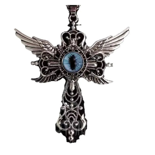 Close-up of a colourful alloy necklace featuring a geometric pendant with devil wings and a cross design.