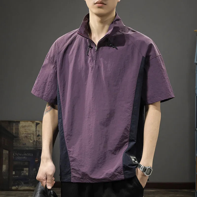 Brown men's half-zip stand collar short-sleeve shirt on a hanger, showing loose fit and ice silk fabric texture.