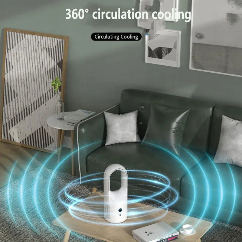 White bladeless electric desk fan with LED display on a desk, showing portable USB rechargeable design.