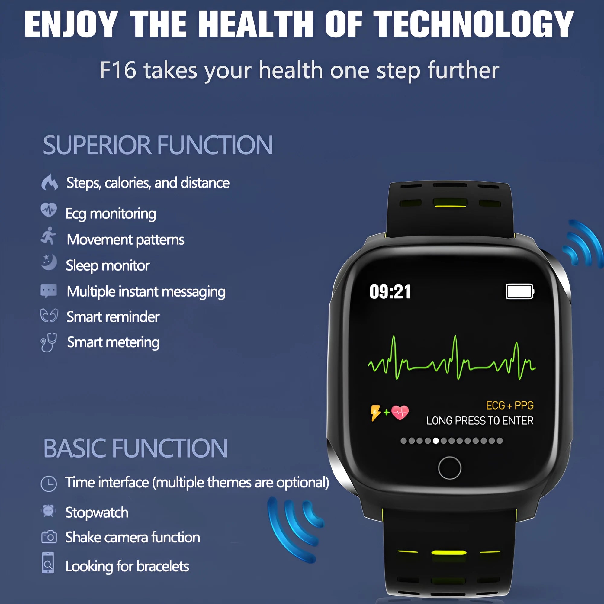 F16 smart watch with ECG monitoring for blood pressure and heart rate on silicone wristband