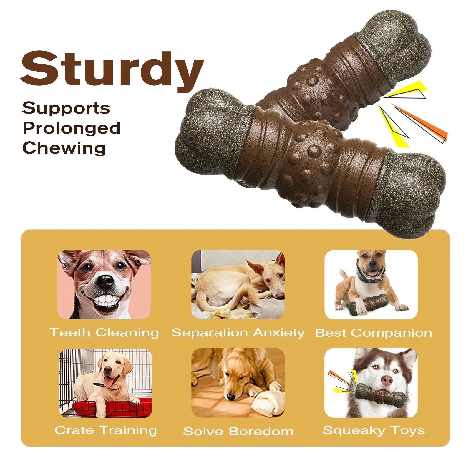 Wood colour plastic sounding bone dog toothbrush molar rod chew toy for dental hygiene.