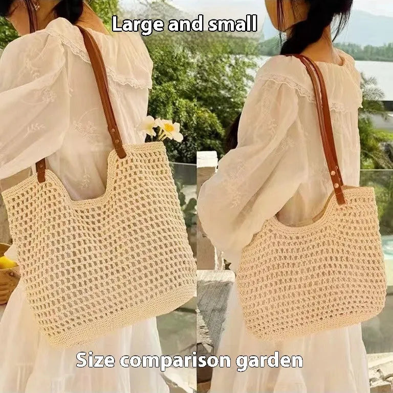 Beige woven cotton linen shoulder bag with large capacity for seaside holidays