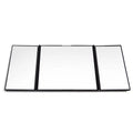 Silver car folding makeup mirror shown both closed and opened positions
