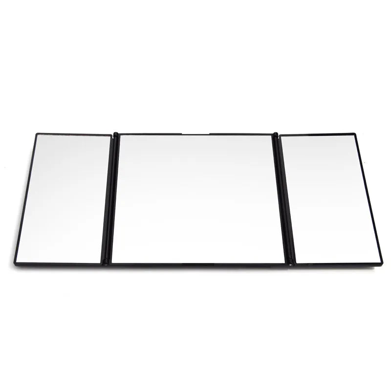 Silver car folding makeup mirror shown both closed and opened positions