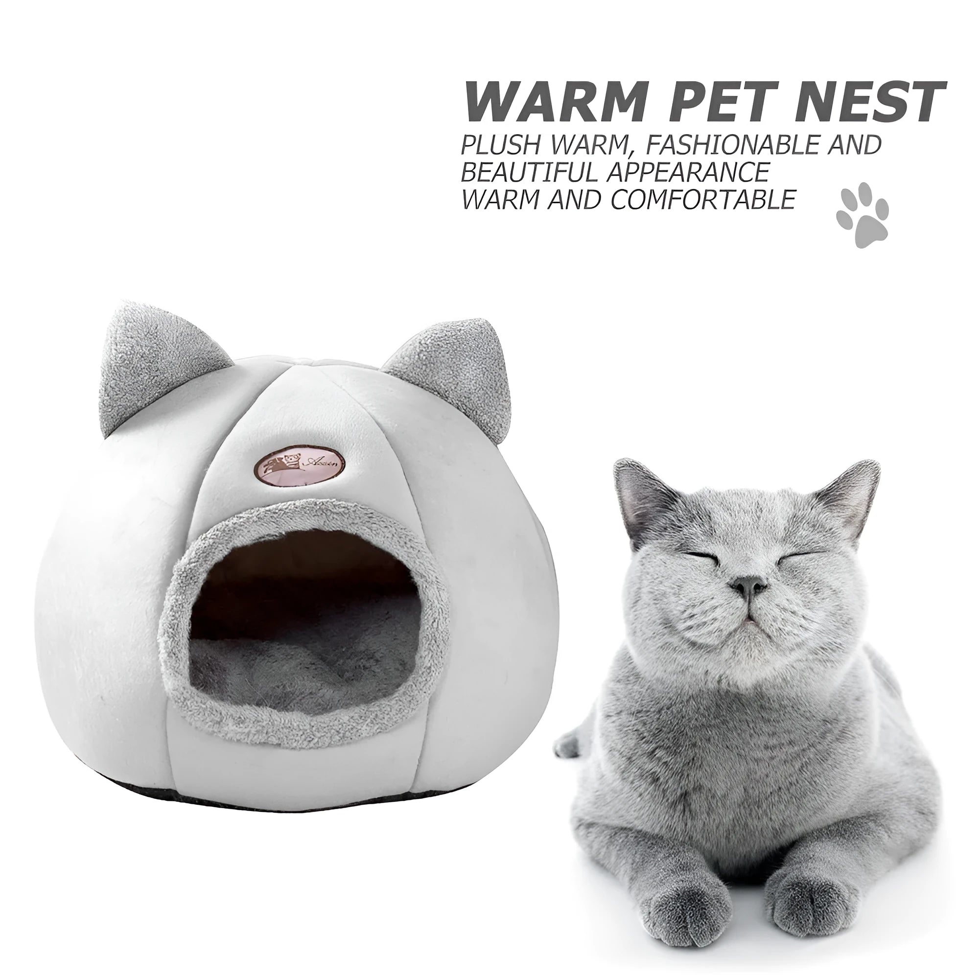 A fully enclosed cube-shaped cat sofa nest, showing the entrance hole, in a home setting.