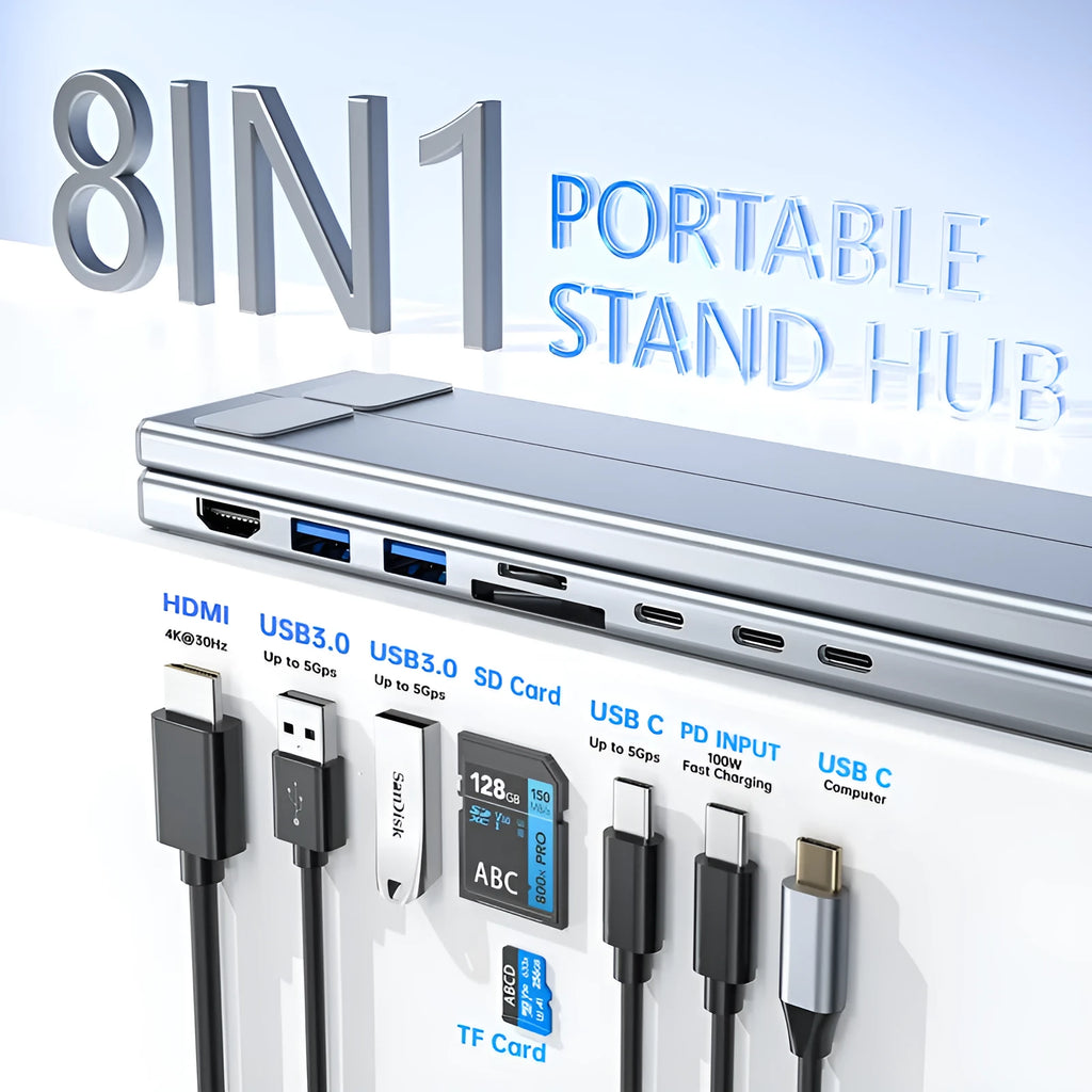 Aluminium folding laptop stand with 8-in-1 docking station hub showing connectivity ports
