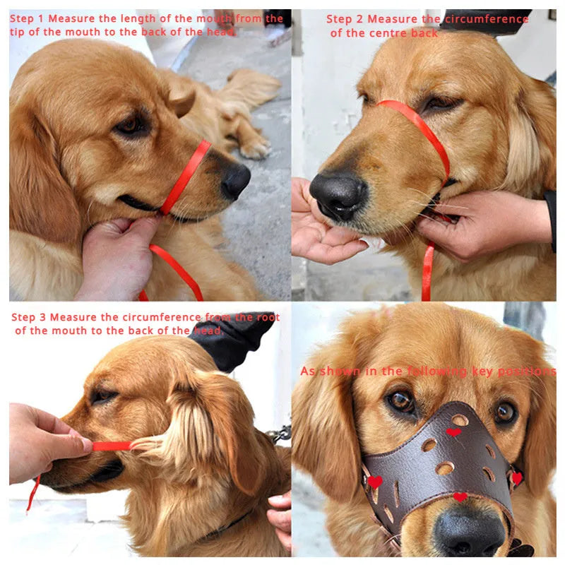 Black or brown dog muzzle silencer for anti-barking and bite prevention with size chart