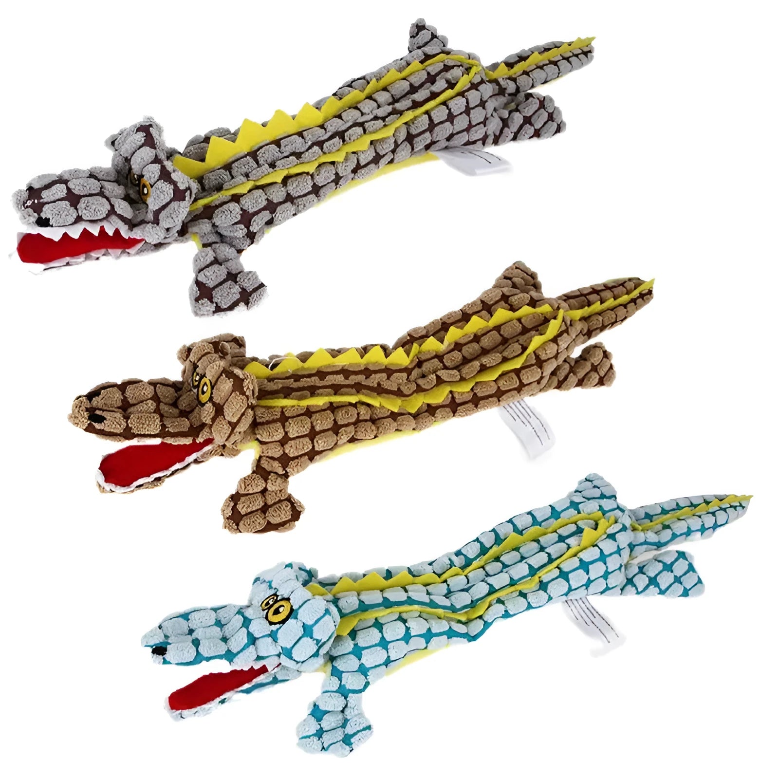 Crocodile-shaped plush dog toy with corduroy fabric detailing and squeaker inside