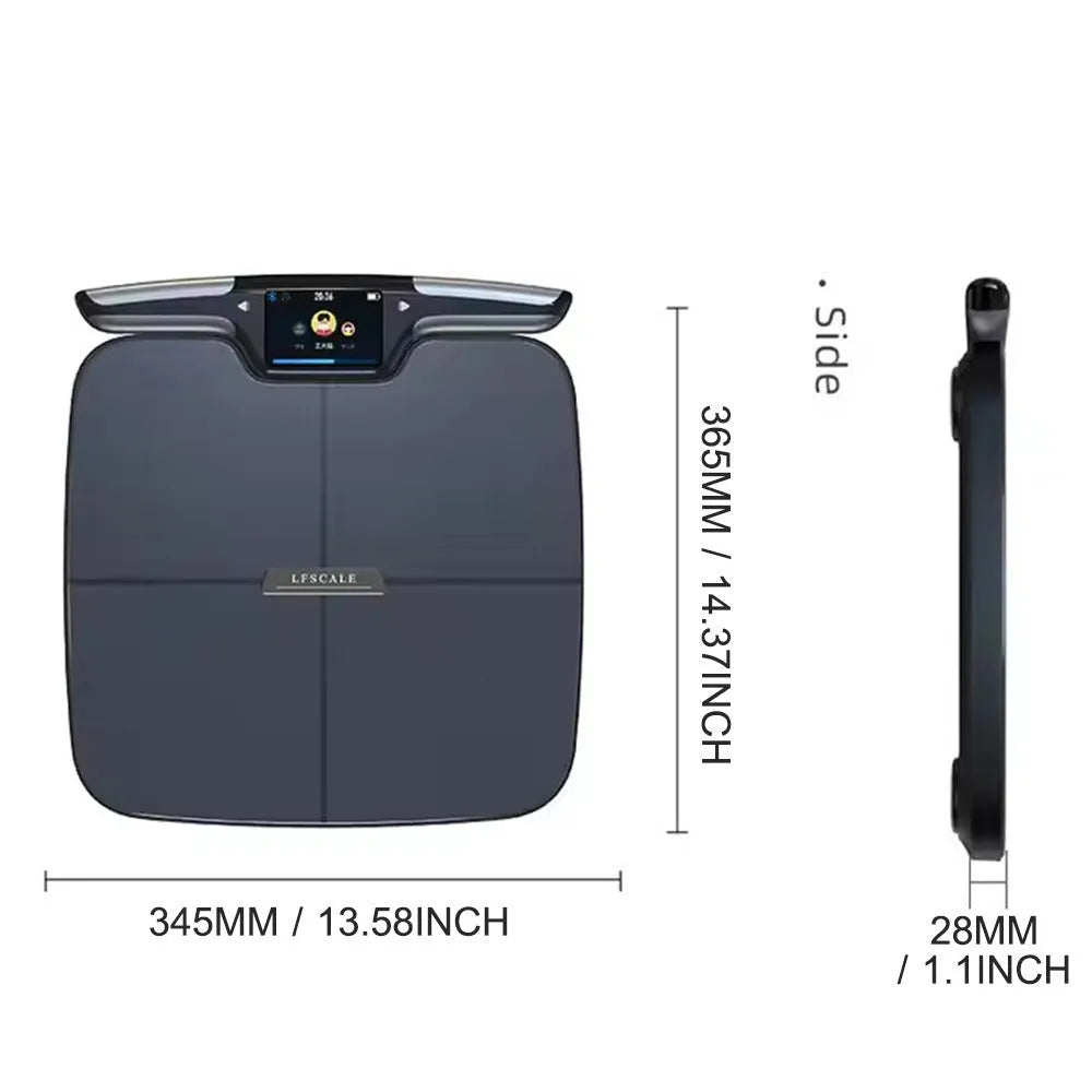 Black eight-electrode body fat weighing scale on a hard floor