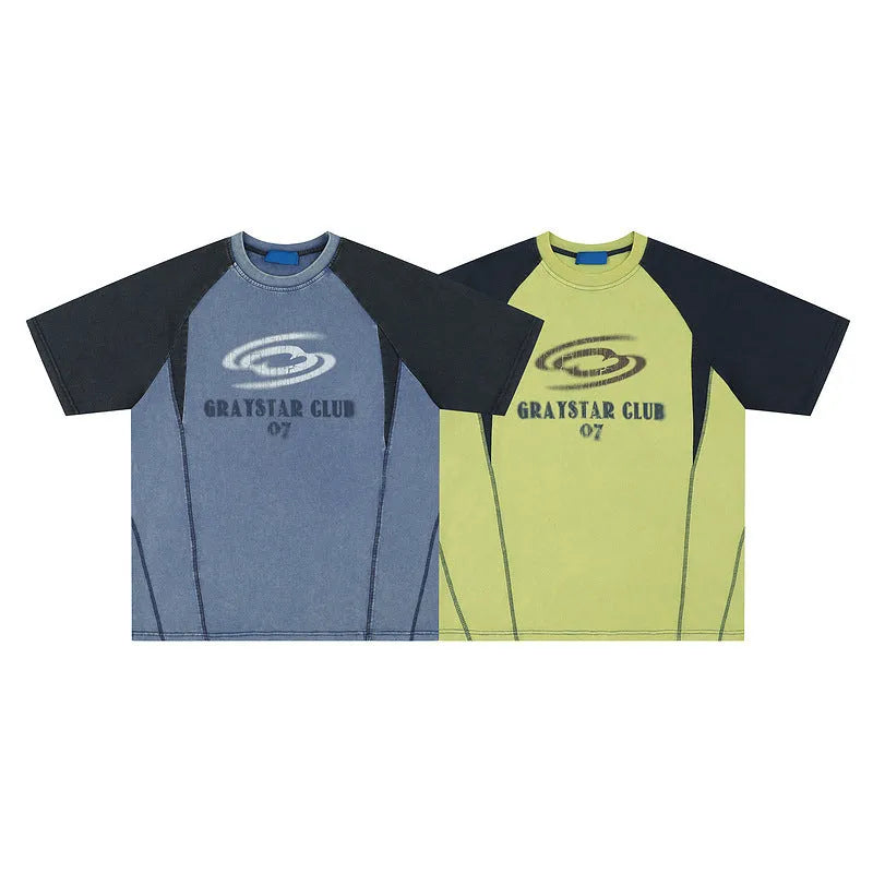 Men's blue hip hop T-shirt with white letter print and raglan sleeves on hanger
