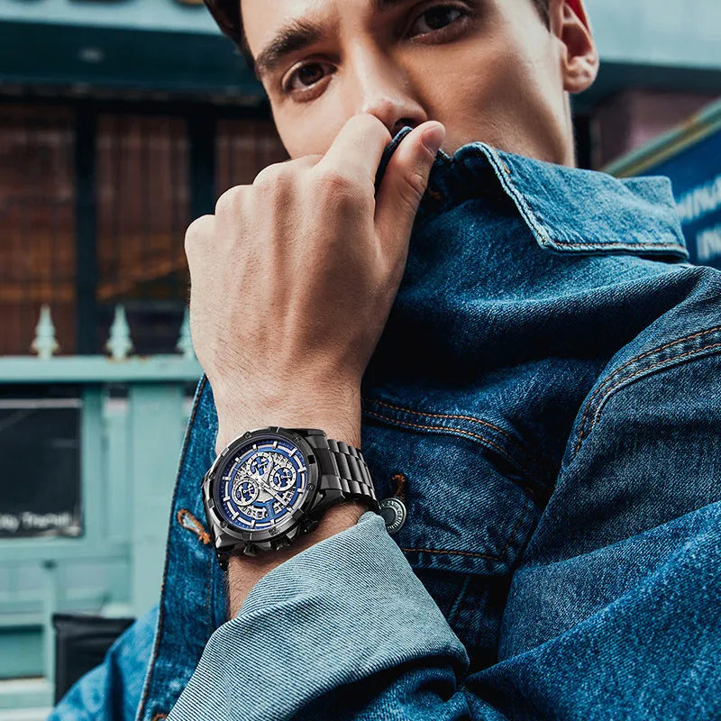 Men's waterproof luminous quartz watch with stainless steel band in black and blue colour option