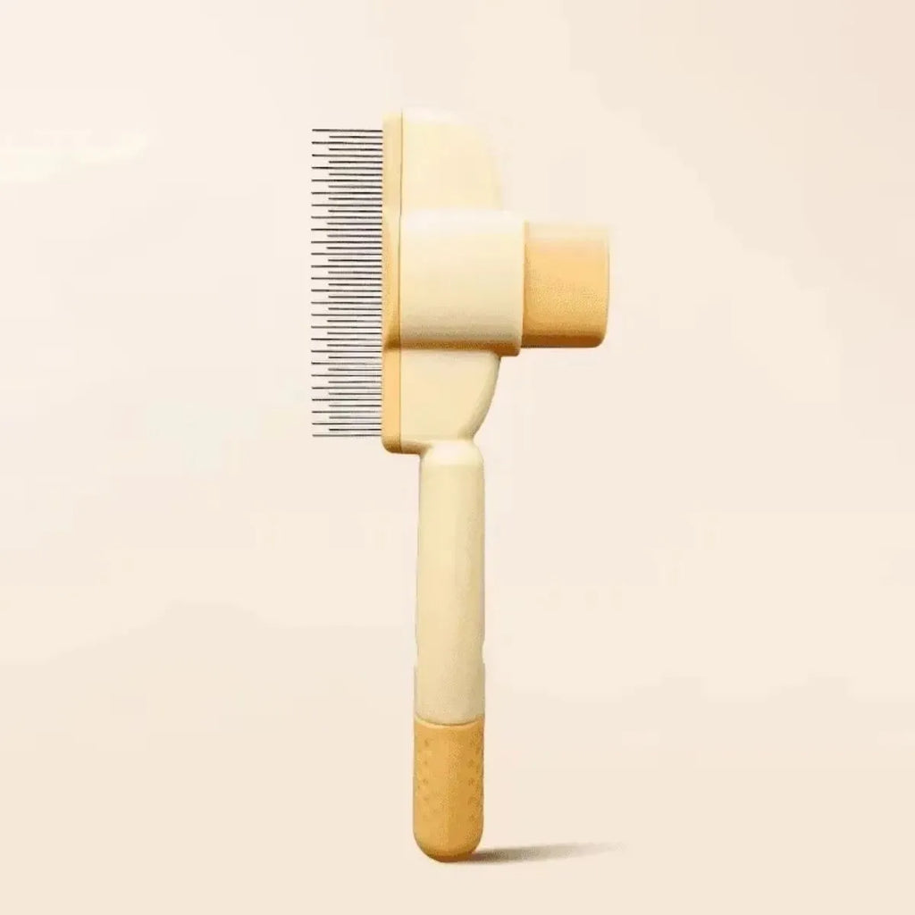 Green and yellow dog grooming brush with one-click hair removal and pressure adjustment features