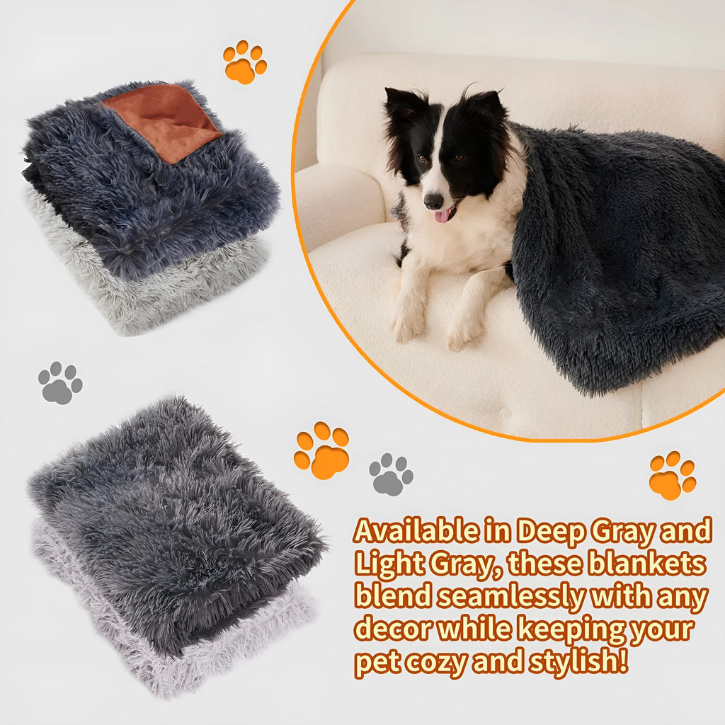 Grey velvet and plush pet blanket on a sofa, showing its size and texture.