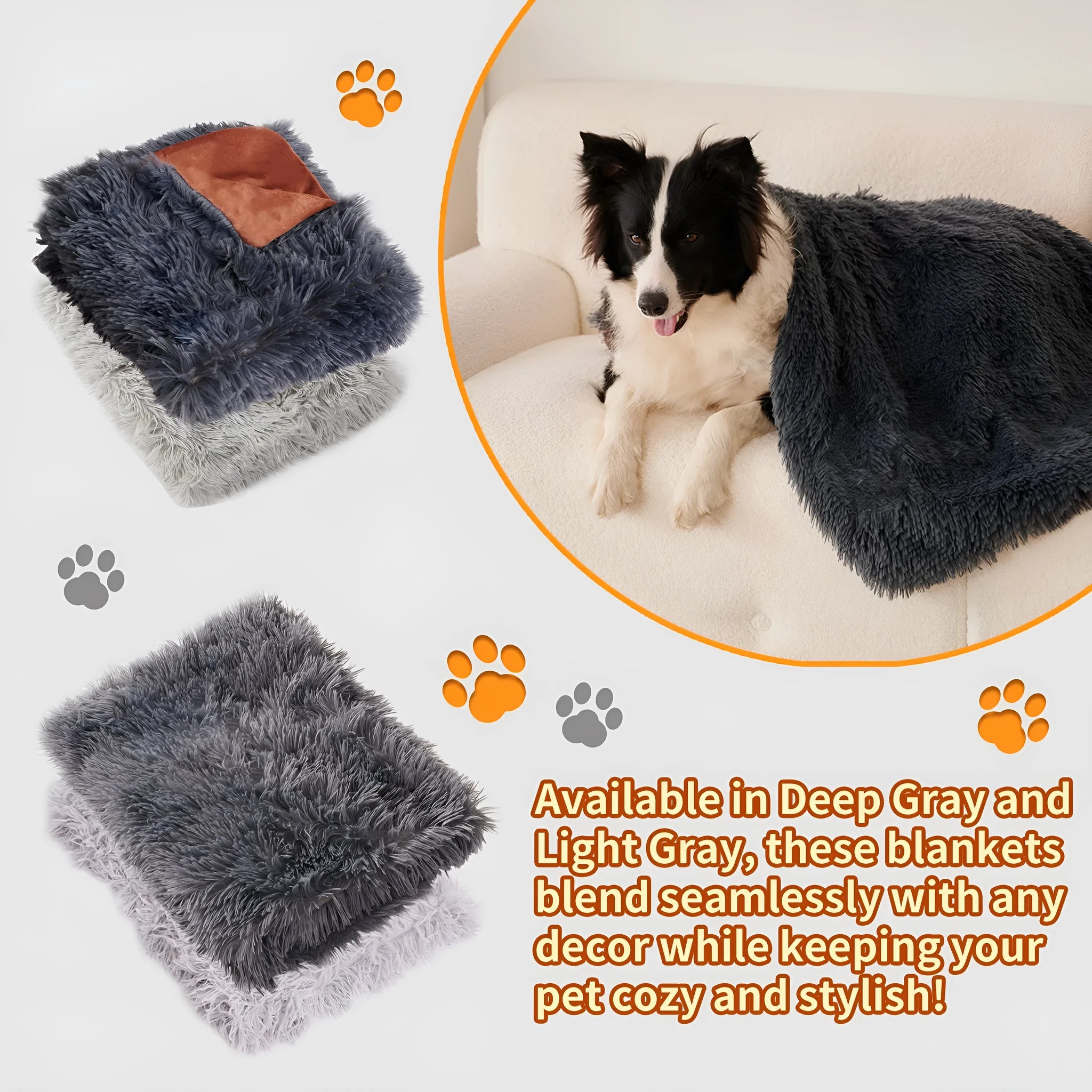 Grey velvet and plush pet blanket on a sofa, showing its size and texture.