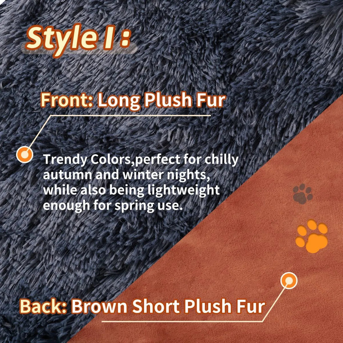 Grey velvet and plush pet blanket on a sofa, showing its size and texture.