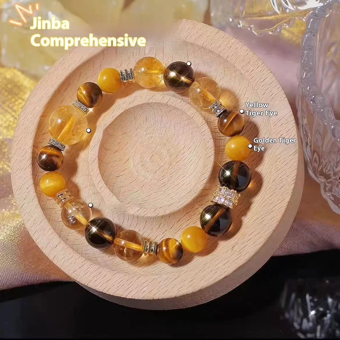 Close-up of a women's natural yellow bracelet with 10mm round artificial crystal beads on a string.