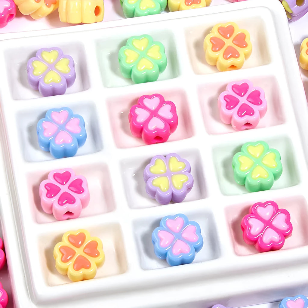 15mm frosted acrylic four-leaf clover cartoon love beads in random mixed colours for jewellery making
