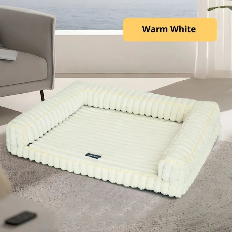 Kennel stripe dehaired angora removable pet bed with corduroy cushion in white for dogs, available in 75x50, 100x75, 120x75 cm sizes