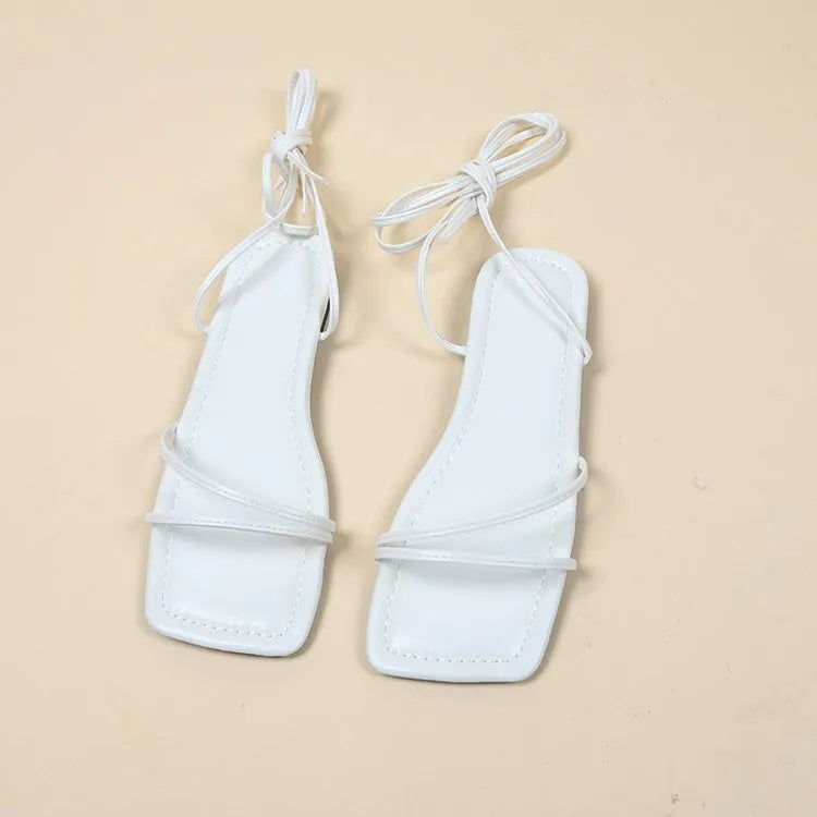 Women's flat sandals with ankle ring bandage cloth design and square toe in three colour options