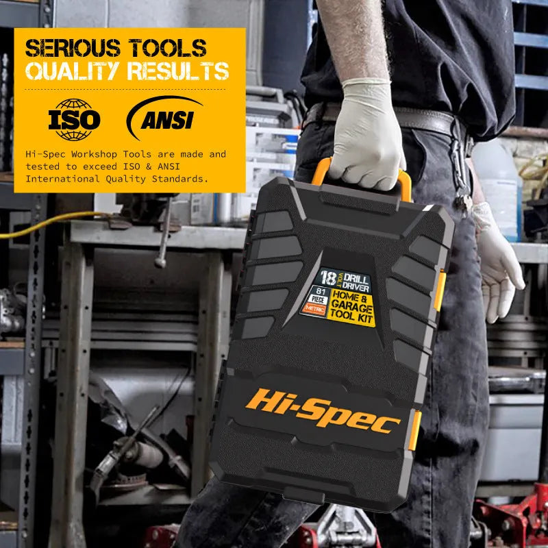 Grey yellow case open to show 82-piece chrome-vanadium steel home repair tool kit for furniture assembly.