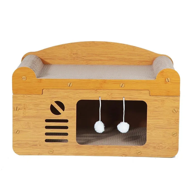 Double-layer corrugated paper cat house with scratching surfaces and dual ball-shaped door entries