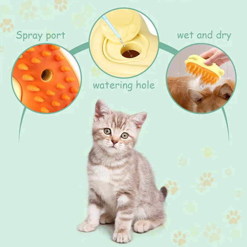 White 3-in-1 steam grooming brush for cats and dogs on a grey surface.