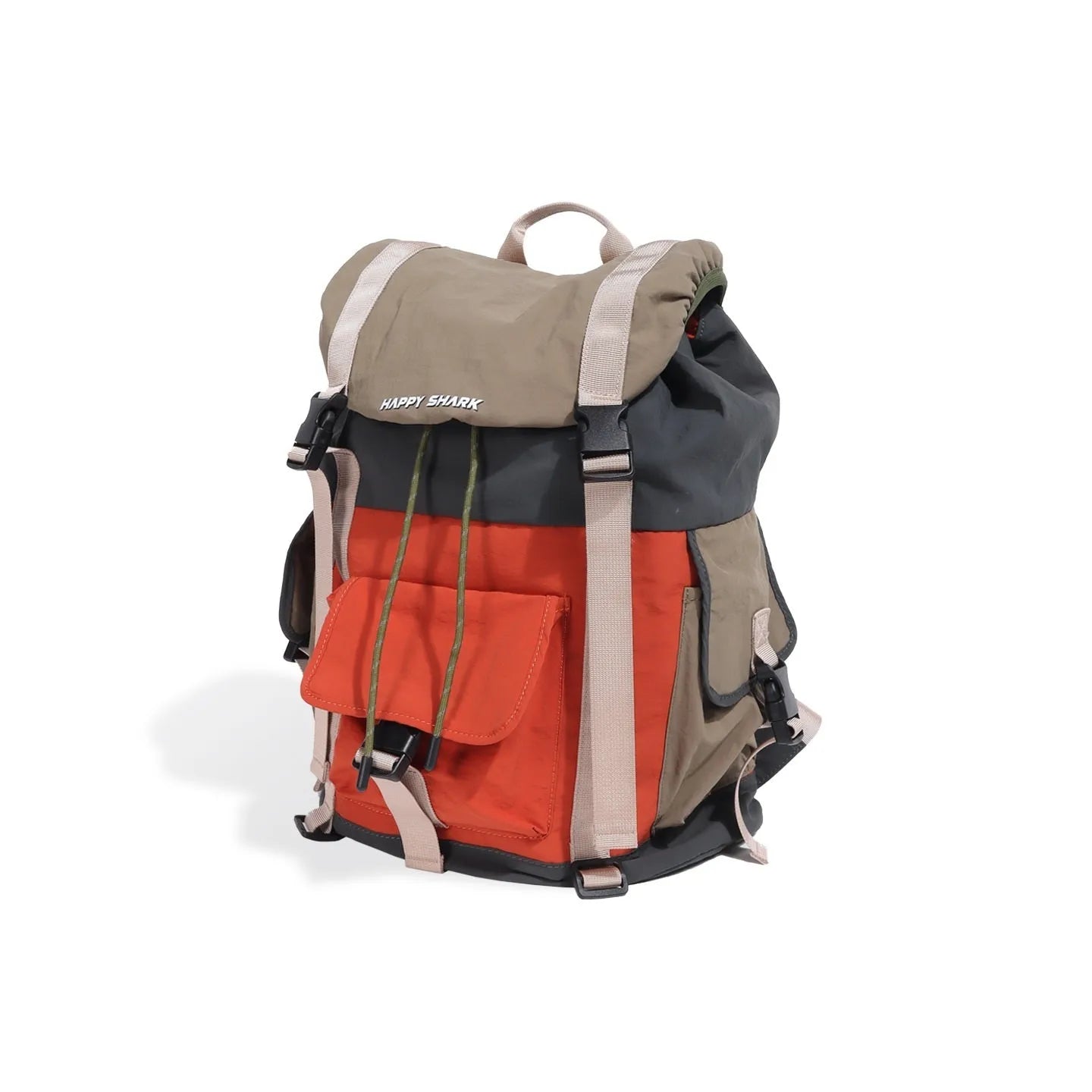 Orange and green outdoor backpack with multiple compartments and air pillow belt system