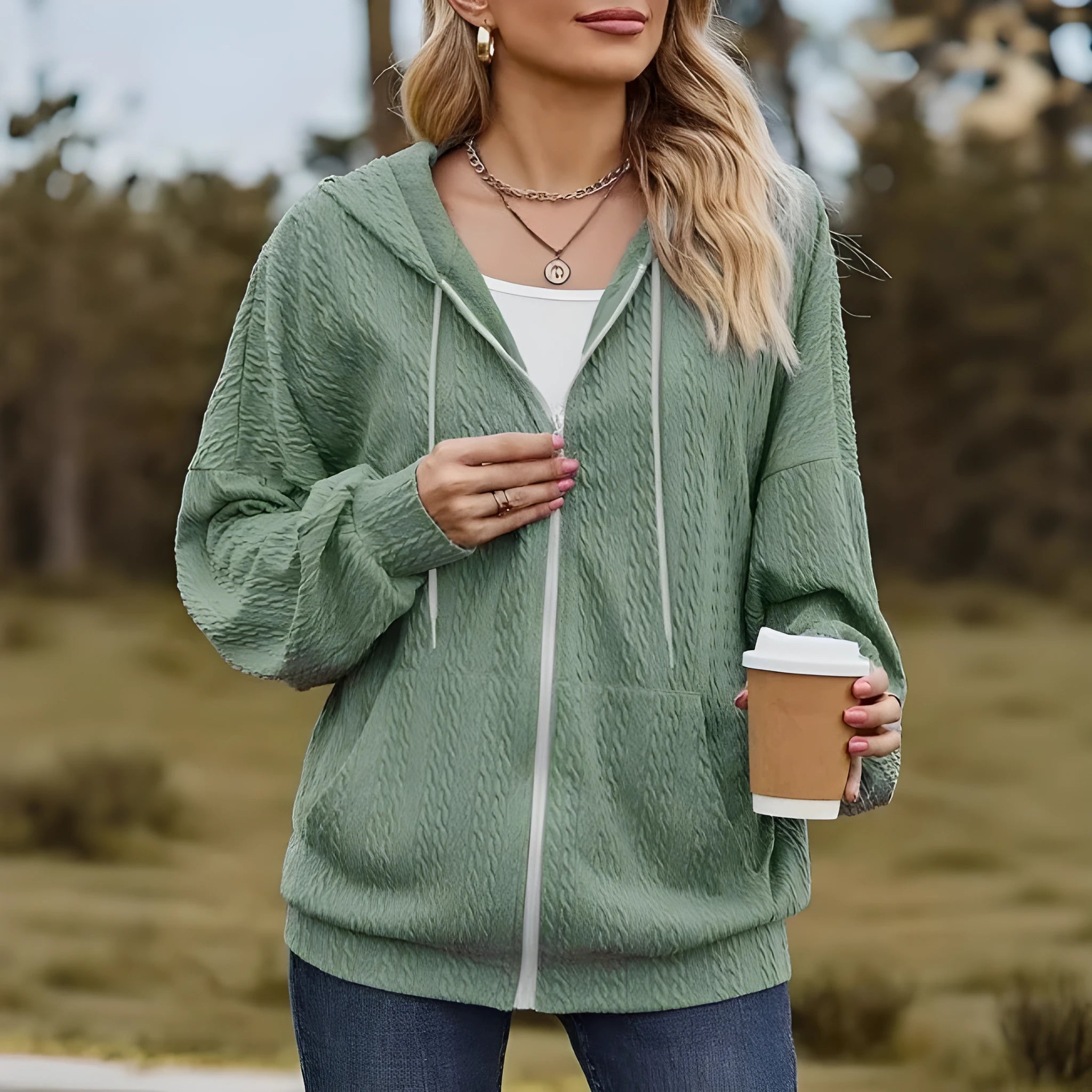 Green women's hooded zipper sweater coat on a hanger, showing loose casual fit.