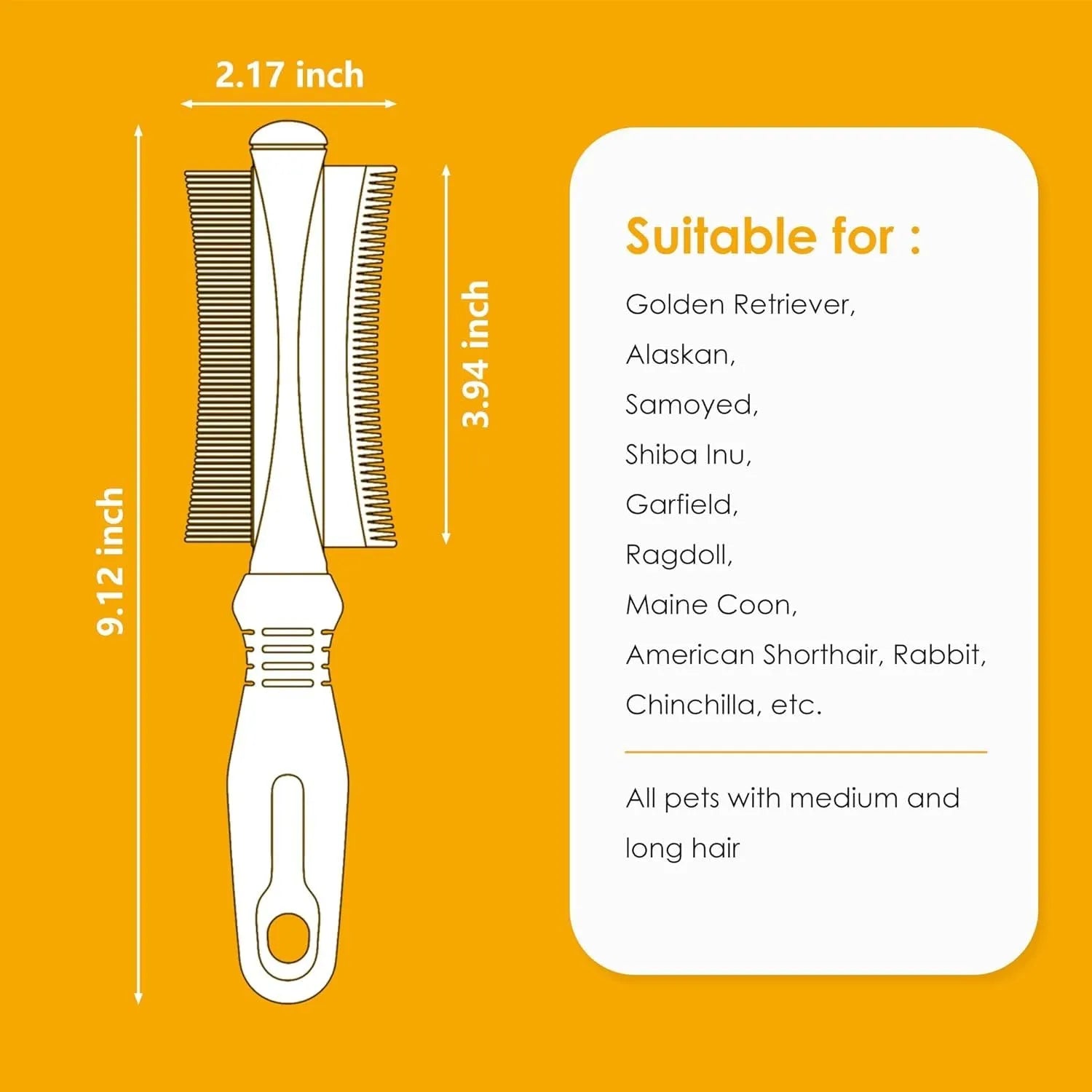 White dual-sided pet grooming brush with curved comb and deshedding blade on a grey handle.
