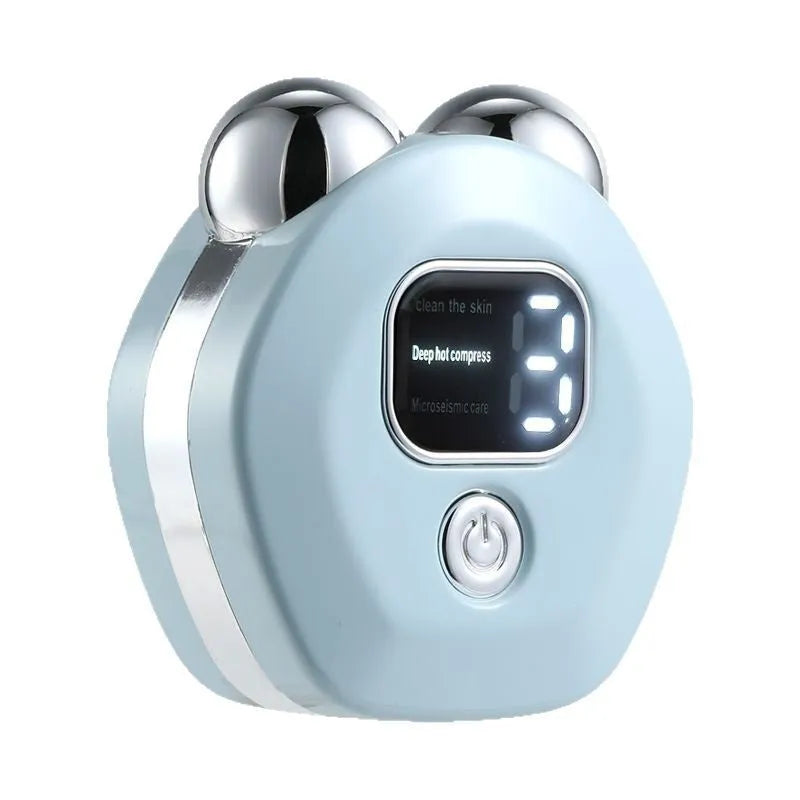 Portable hot compress micro current massage instrument in white, light blue, or pink colours with double-roller design