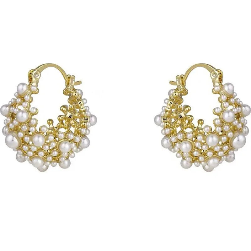 Gold copper flower basket earrings with pearl inlay and small rice-shaped beads