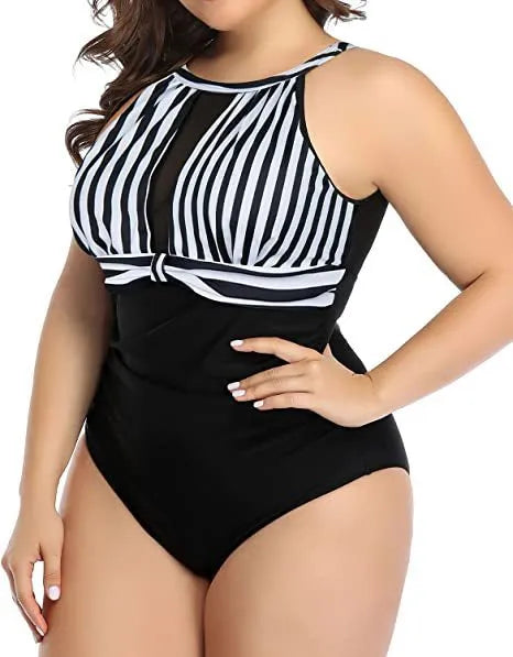 Women's one-piece swimsuit with lace detailing in black, stripes, and red flower colours