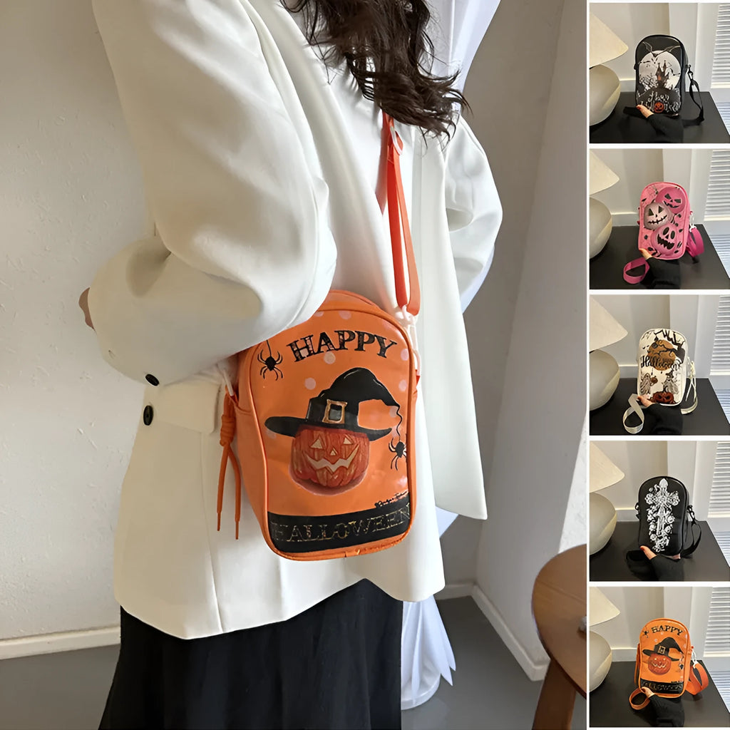 Black Halloween-themed mini crossbody bag with cartoon pumpkin, ghost, and bat prints.