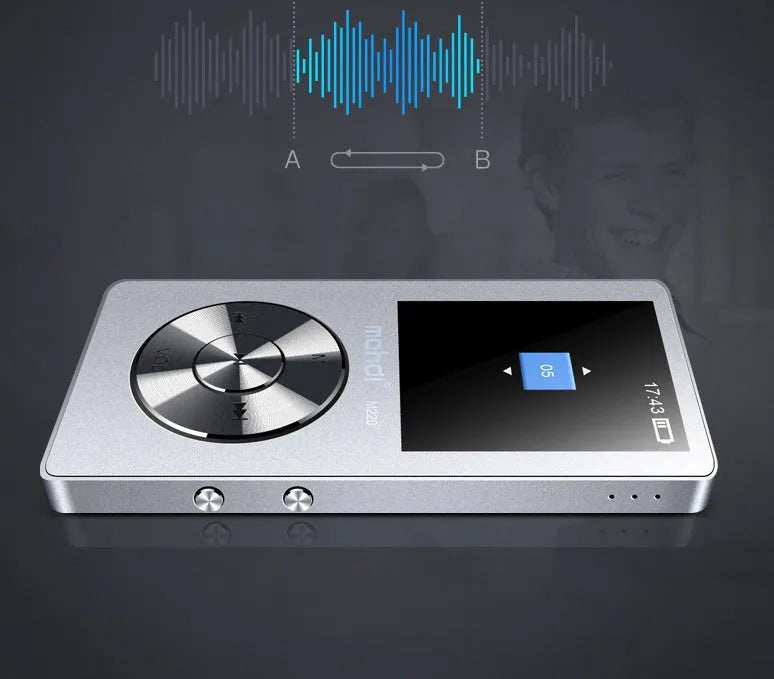 Compact metal MP3 music player with 1.8-inch screen in gold, silver, or black colours
